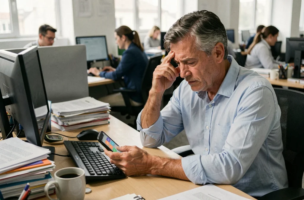 Homme stressé au bureau regardant des appels manqués répétés d'un numéro harcelant