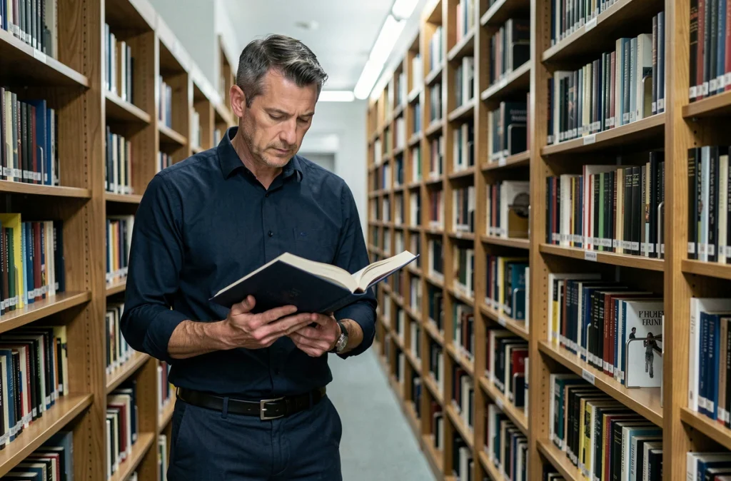 Homme dans une bibliothèque publique consultant un roman papier pour évaluer le nombre de pages et de mots d'un livre publié