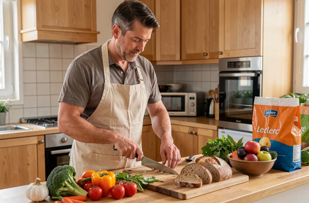 Homme préparant un repas équilibré avec des produits frais achetés au catalogue Leclerc spécial alimentation