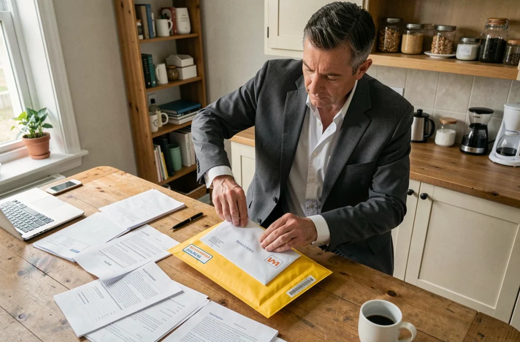 Homme préparant une lettre recommandée de mise en demeure depuis son bureau à domicile