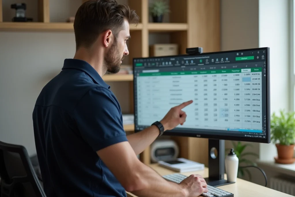 Homme pointant des formules de conversion de minutes en centièmes sur un écran Excel dans un bureau à domicile