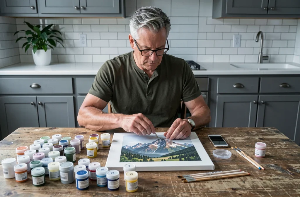 Homme adulte organisant un kit de peinture par numéros avec pots de peinture acrylique et toile imprimée sur une table de cuisine