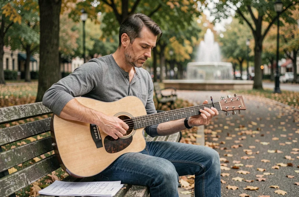 Homme adulte débutant qui s'entraîne à jouer Stand By Me à la guitare acoustique dans un parc en automne