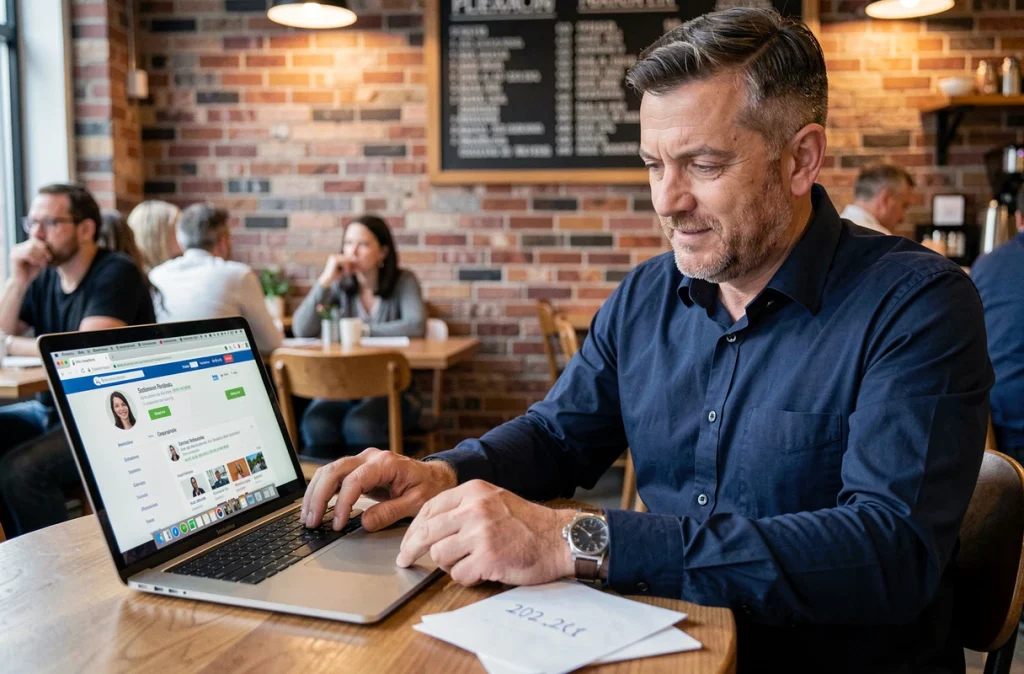 Homme recherchant un numéro de portable sur un annuaire inversé en ligne dans un café