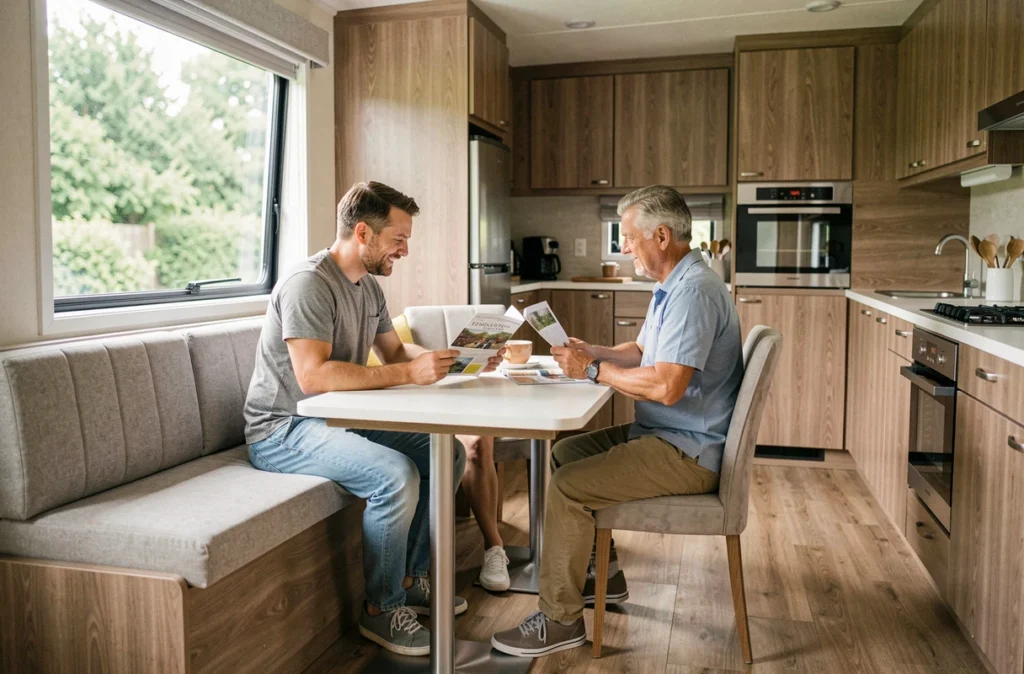 Intérieur spacieux et moderne d'un mobil-home premium avec coin repas et cuisine équipée