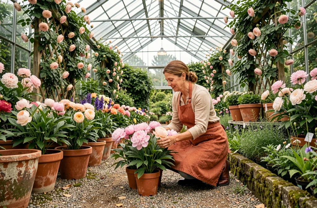 Serre et jardin floral du Jardin De Stelly avec des pivoines en pot et des roses grimpantes
