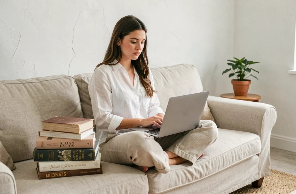 Jeune femme écrivant son premier roman sur un ordinateur portable entourée de livres empilés dans un salon moderne et épuré