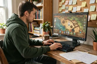 Joueur adulte concentré sur un guide Dofus affiché sur son écran d'ordinateur dans un bureau chaleureux