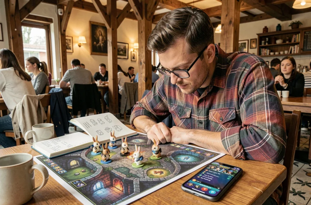 Joueur adulte planifiant une stratégie Dofus avec des figurines et une carte de donjon dans un café
