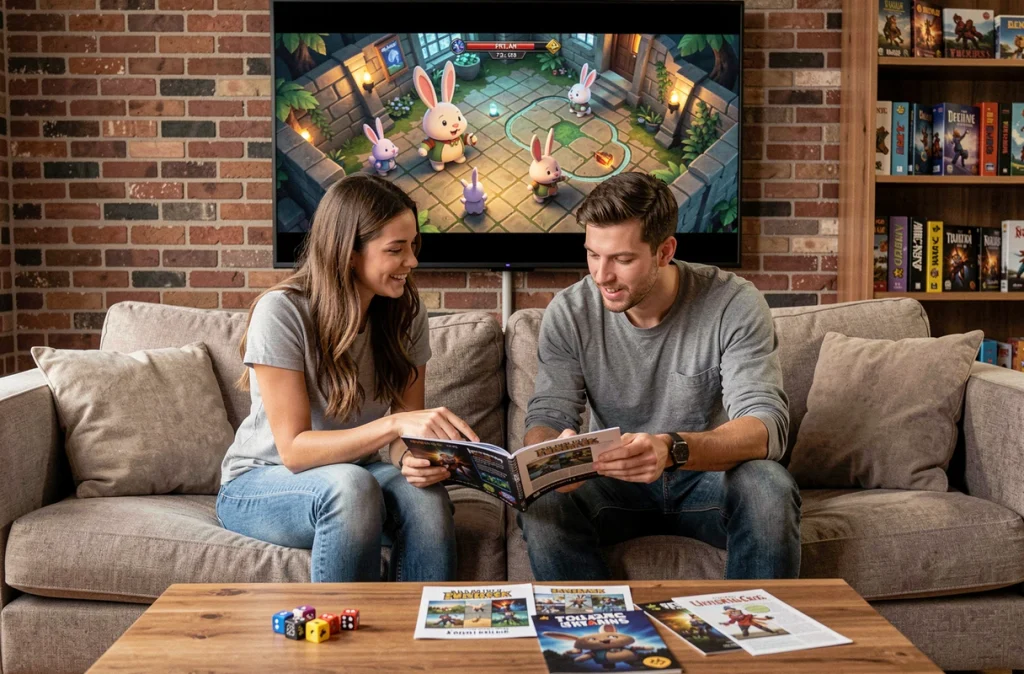 Deux joueurs adultes consultant un guide stratégique imprimé pour Dofus dans un salon de jeu convivial