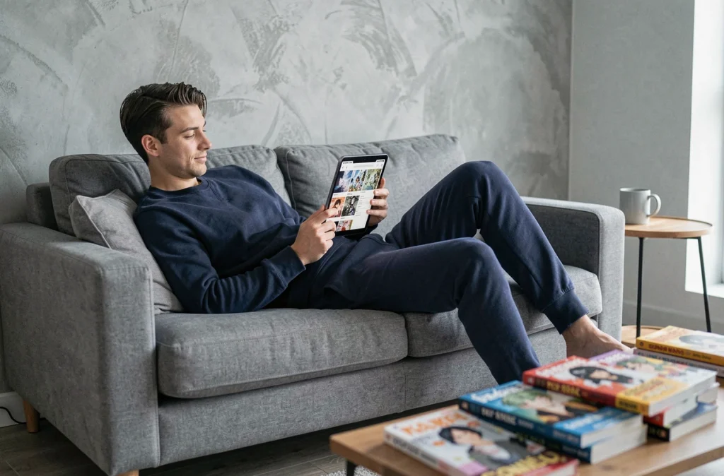 Homme lisant un manga numérique sur tablette allongé dans un salon moderne avec volumes physiques autour