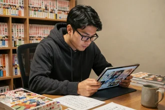 Jeune homme lisant un scan de manga One Piece sur une tablette dans un bureau à domicile entouré de volumes manga