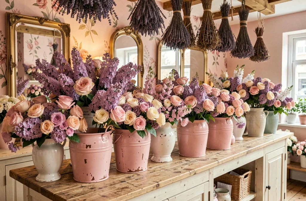 Intérieur de la boutique Lilas Rose Artisan Fleuriste avec des compositions de lilas et roses dans des vases vintage
