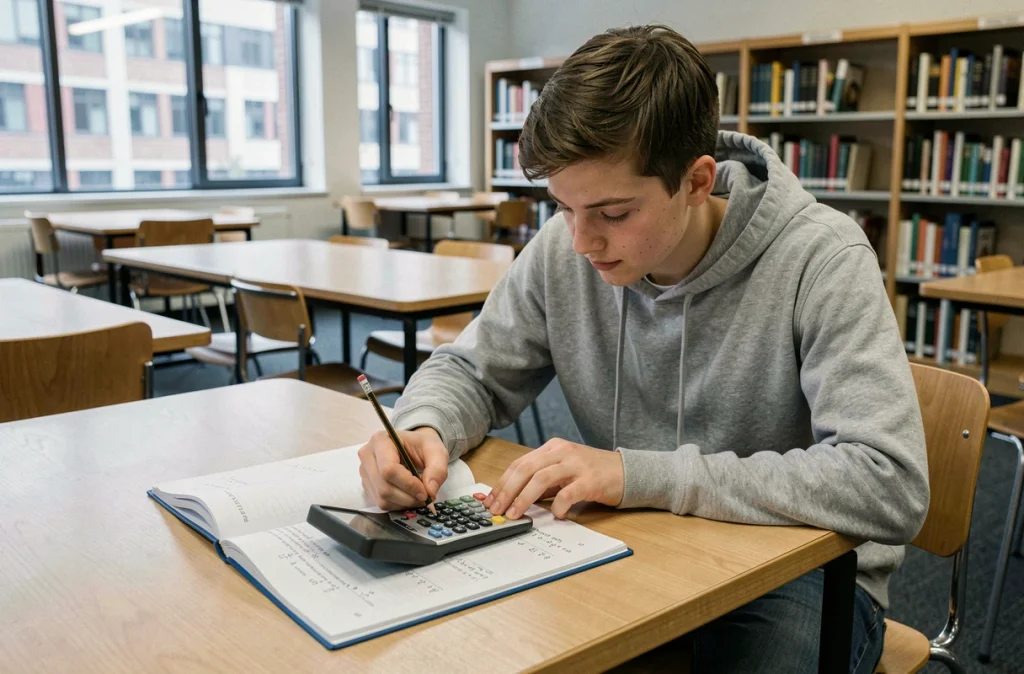 Étudiant lycéen utilisant une calculatrice graphique pour vérifier un exercice d'arcsin en trigonométrie à la bibliothèque