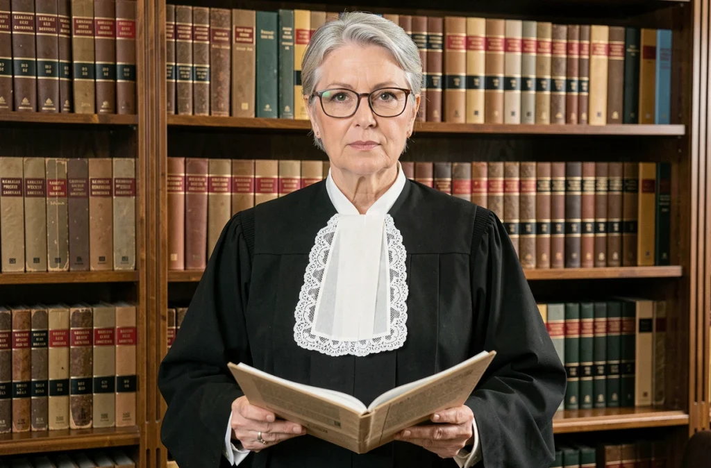Maître Anny Lambert, avocate au barreau d'Arras, en robe noire devant une bibliothèque de codes juridiques dans son cabinet