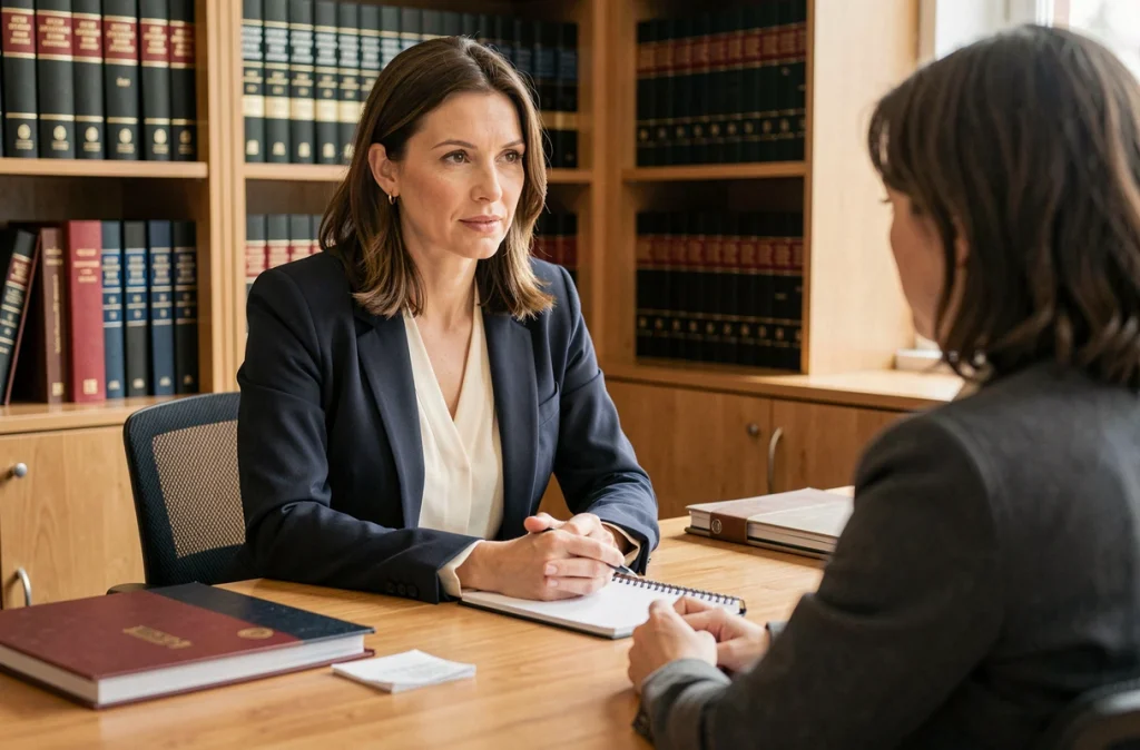 Maître Elise Devriendt, avocate spécialisée en droit de la famille et droit du travail à Béthune, en consultation avec un couple dans son cabinet