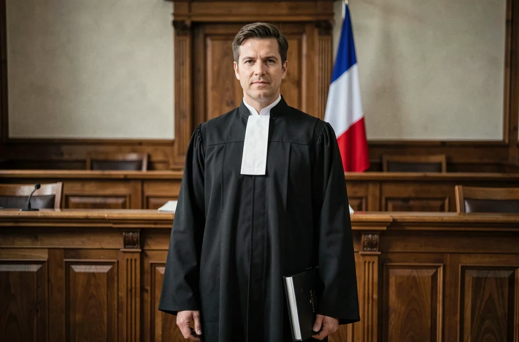 Maître Fabien Fusillier, avocat au barreau de Saint-Omer, en robe noire dans une salle d'audience avec le drapeau français en arrière-plan