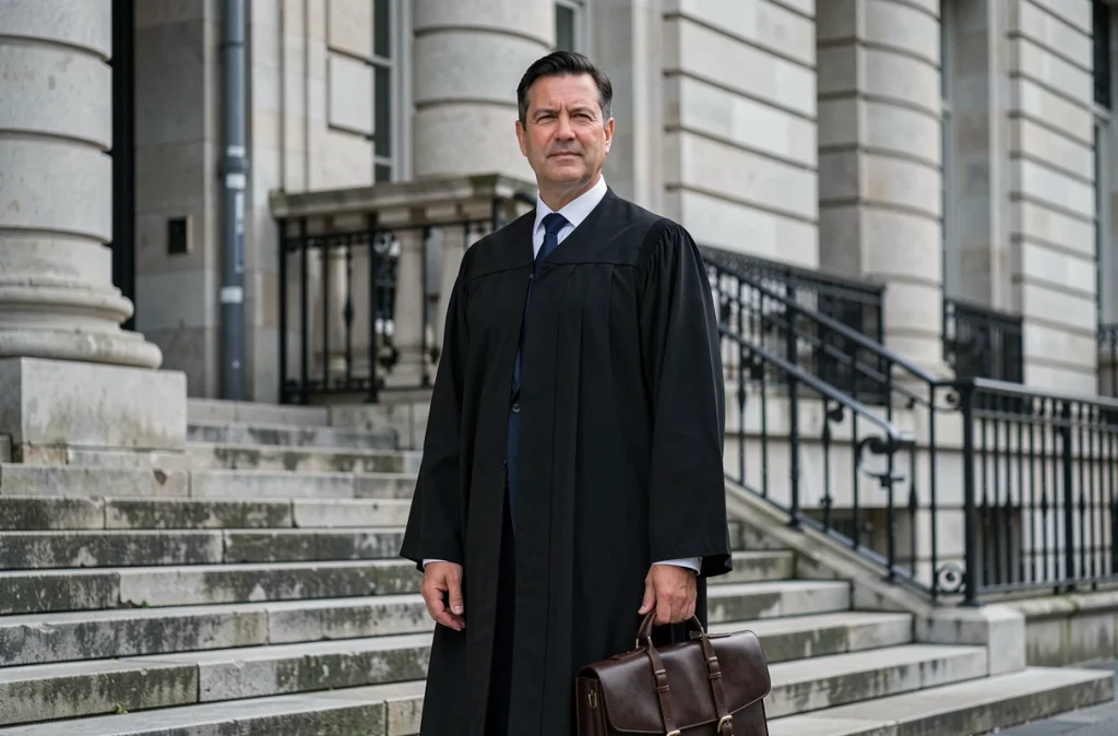 Maître Olivier Rangeon, avocat au barreau de Boulogne-sur-Mer, en robe noire devant le palais de justice en pierre calcaire de la ville
