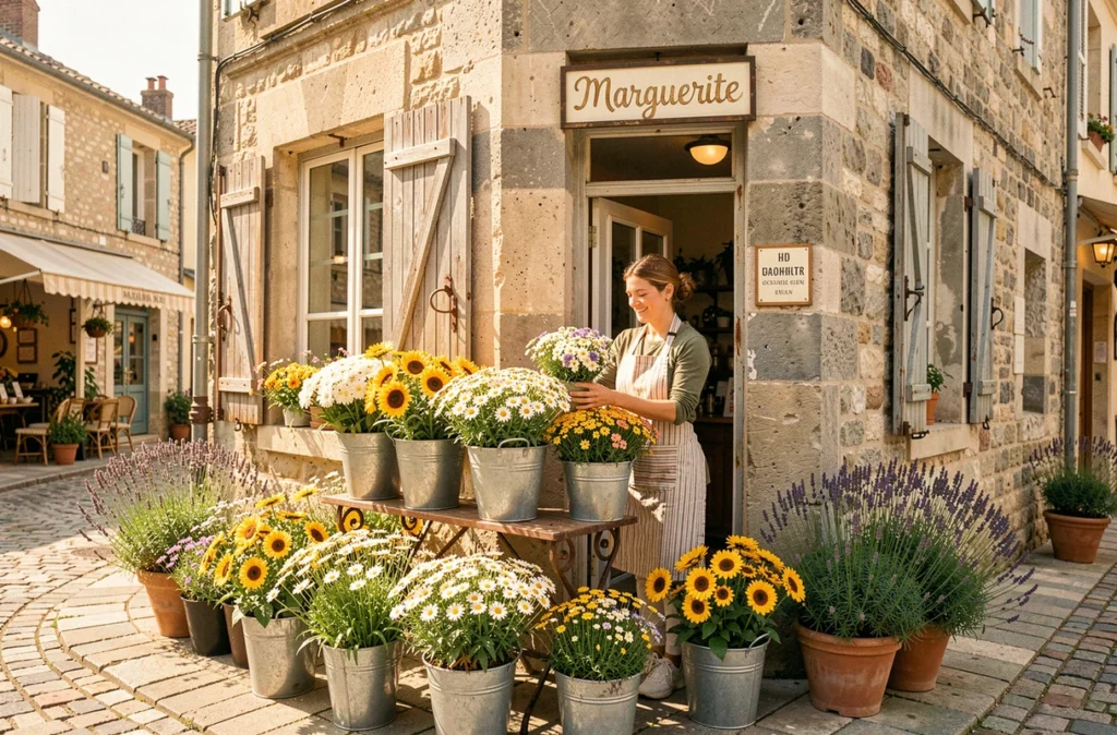 Devanture de la boutique Marguerite avec des marguerites et tournesols exposés sur un présentoir en fer