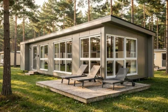 Mobil-home haut de gamme moderne avec terrasse en bois dans un camping entouré de pins