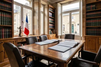 Vue grand angle d'un cabinet d'avocats traditionnel dans le Pas-de-Calais, avec une table en bois poli, des codes juridiques et une balance de la justice
