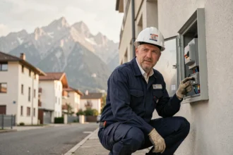 Électricien professionnel travaillant sur un tableau électrique extérieur avec les montagnes de l'Isère en arrière-plan