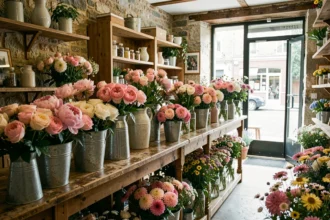 Intérieur d'une boutique de fleuriste dans la Marne avec des compositions florales abondantes et colorées