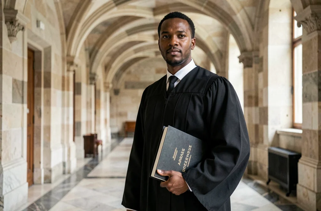 Mohamed Zakenoune, avocat au barreau d'Arras spécialisé en droit pénal et droit des étrangers, en tenue de robe noire dans le couloir du palais de justice
