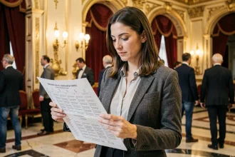 Femme consultant un plan de salle au foyer du Théâtre Mogador avant de choisir son emplacement