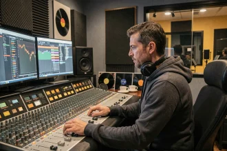 Producteur de musique assis derrière une console de mixage professionnelle dans un studio d'enregistrement pour la création d'un EP ou album