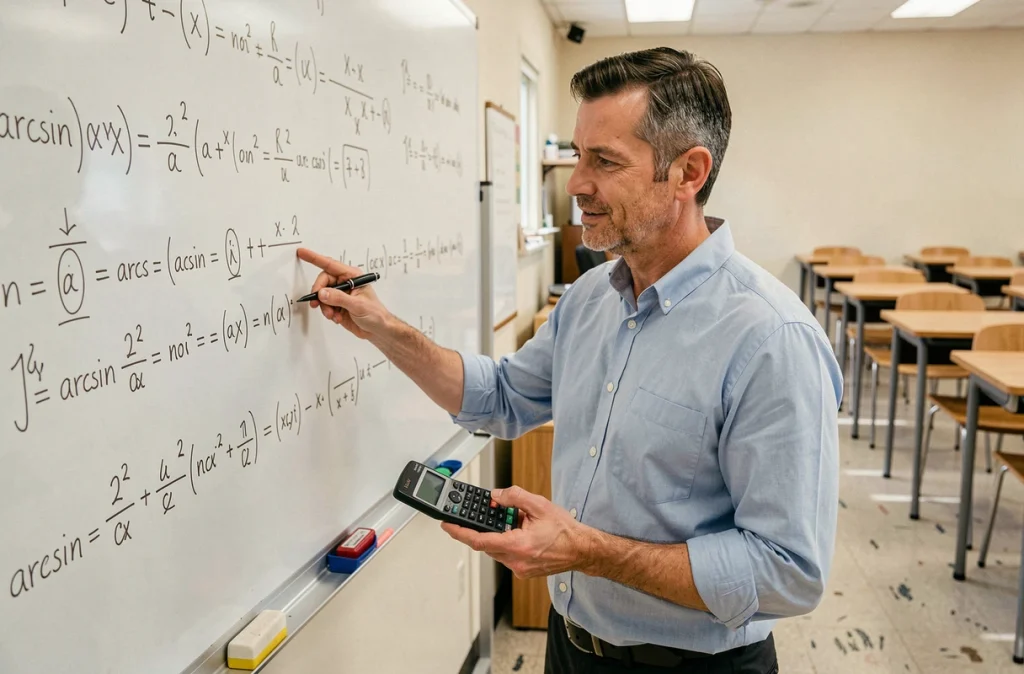 Professeur d'université expliquant la vérification d'un calcul d'arcsin au tableau avec une calculatrice scientifique