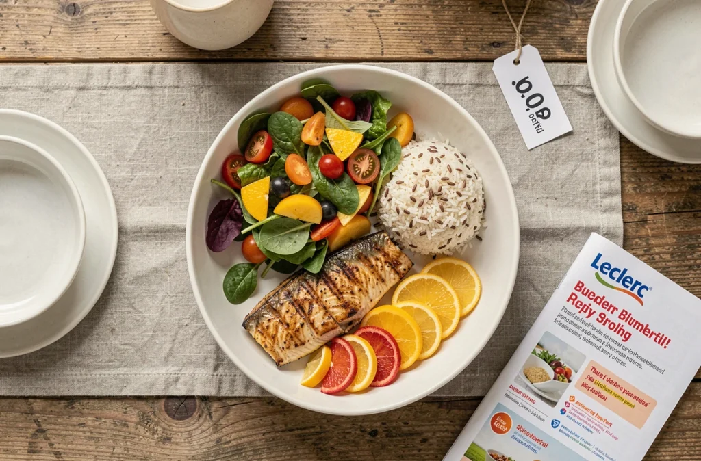 Repas équilibré et économique présenté en vue du dessus avec le catalogue Leclerc alimentation septembre 2026