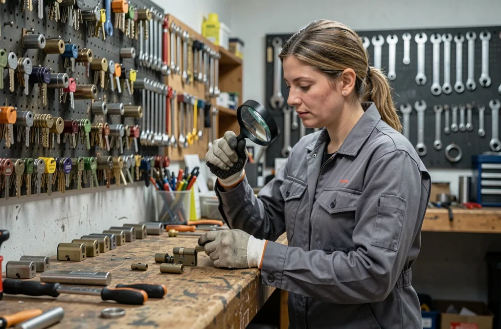 Serrurier femme analysant un cylindre de serrure dans un atelier de serrurerie à Reims