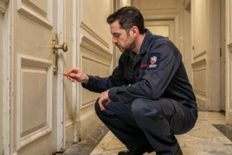 Serrurier professionnel en intervention devant une porte d'appartement haussmannien à Reims