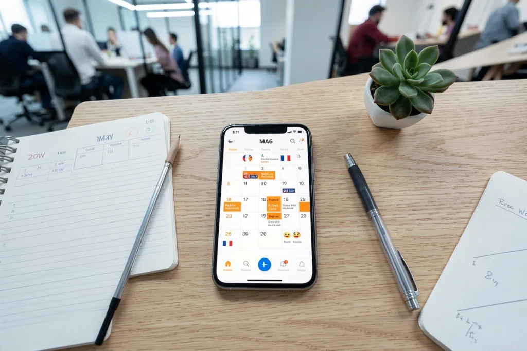 Smartphone affichant un calendrier numérique 2026 avec les jours fériés surlignés sur un bureau de bureau moderne avec un agenda papier