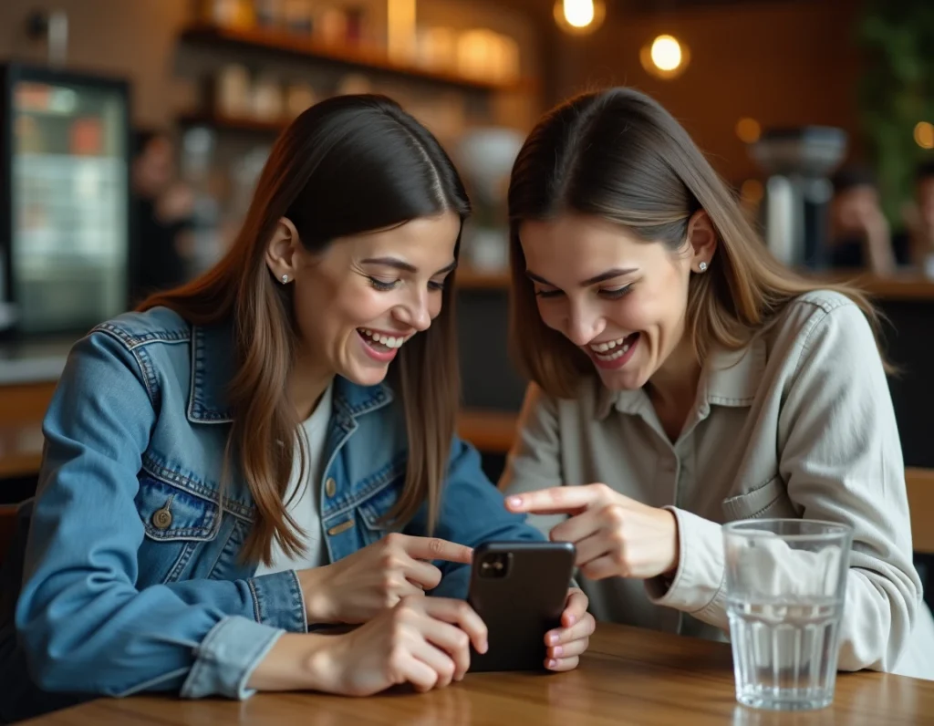 Deux amis collaborant autour d'un smartphone pour trouver les mots les plus éloignés dans une partie de Cemantrix en café