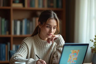 Femme concentrée élaborant une stratégie avancée pour résoudre un jeu de mots Cemantrix sur son ordinateur portable dans un bureau chaleureux