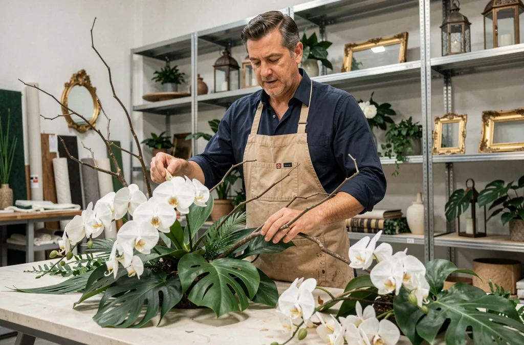 Fleuriste décorateur de Tamaya JC composant une pièce maîtresse florale avec orchidées et feuillages tropicaux