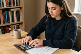 Jeune femme vérifiant un exercice de trigonométrie avec une calculatrice scientifique et des notes manuscrites sur arcsin