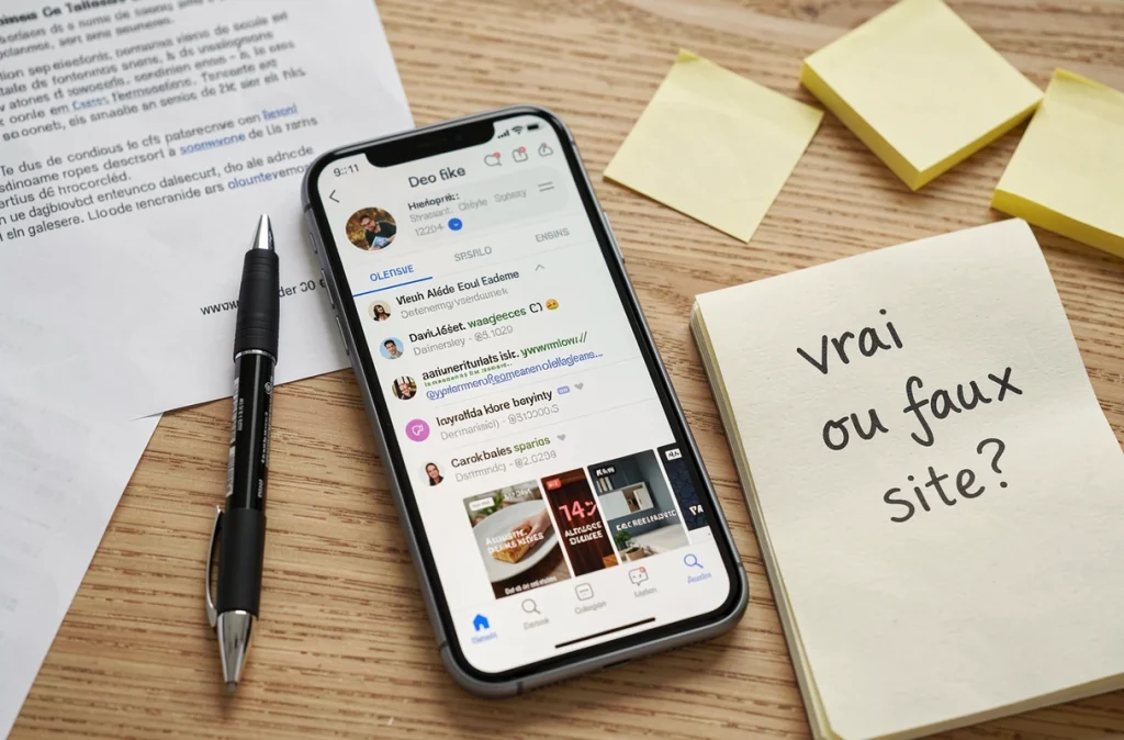 Vue en plongée d'un smartphone affichant des résultats de sites d'annuaire inversé avec un carnet de notes